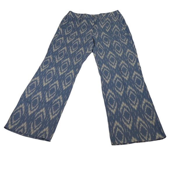 Chico's Pants - Chicos Blue Ikat Linen Wide Leg Pocket Pants Women Size 1.5 M 10 Relaxed Fit